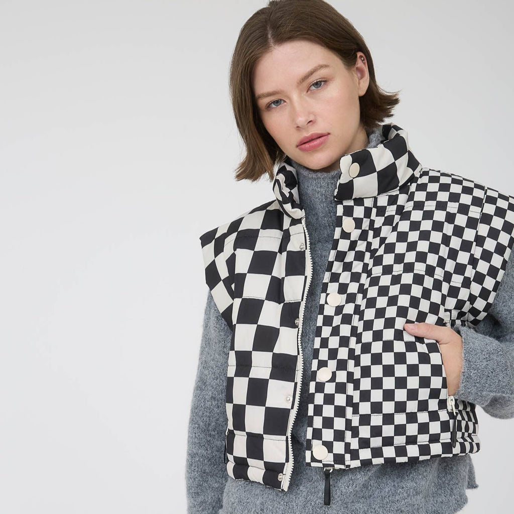 Checkered Cropped Puffer Vest - 260 Broadway Boutique