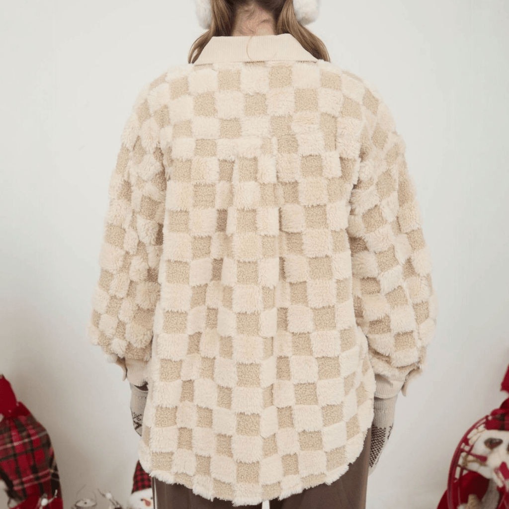 Checkered Faux Shearling Button Down Shacket - 260 Broadway Boutique