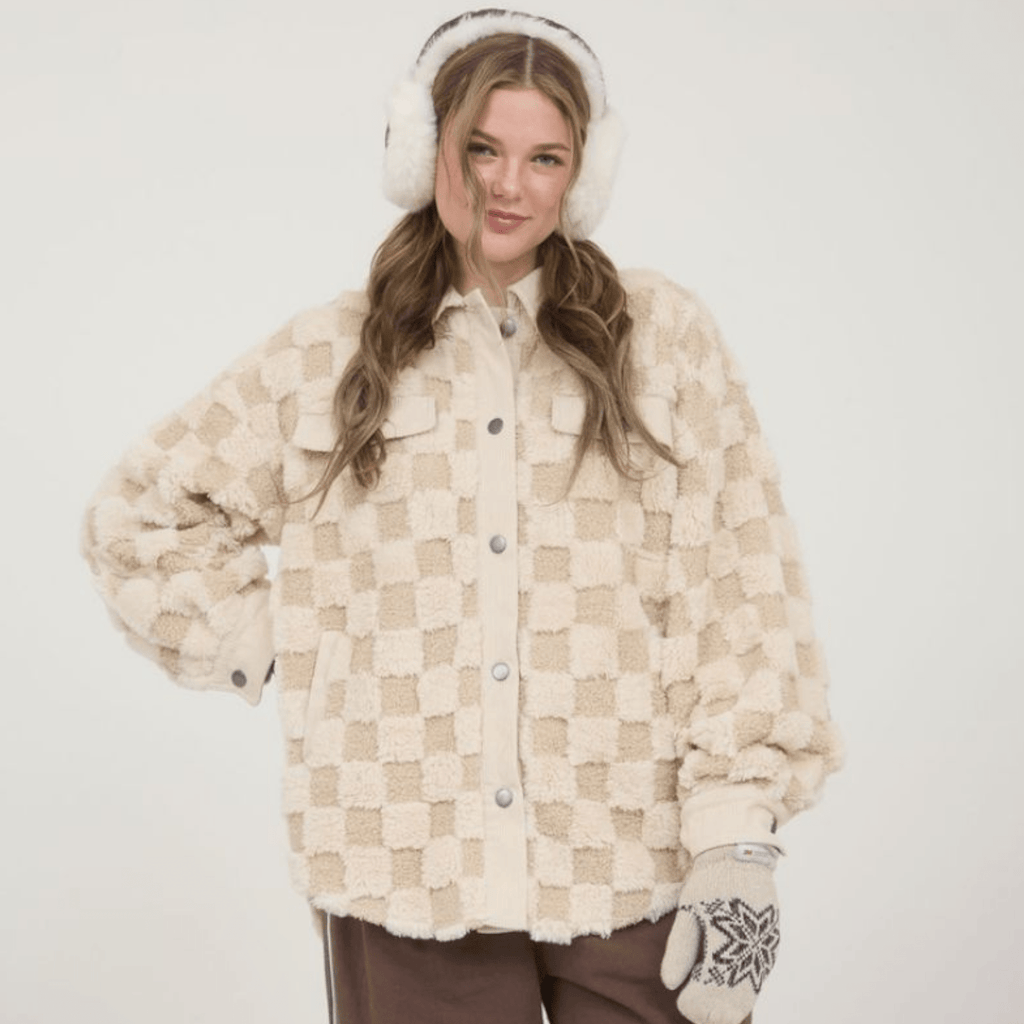 Checkered Faux Shearling Button Down Shacket - 260 Broadway Boutique