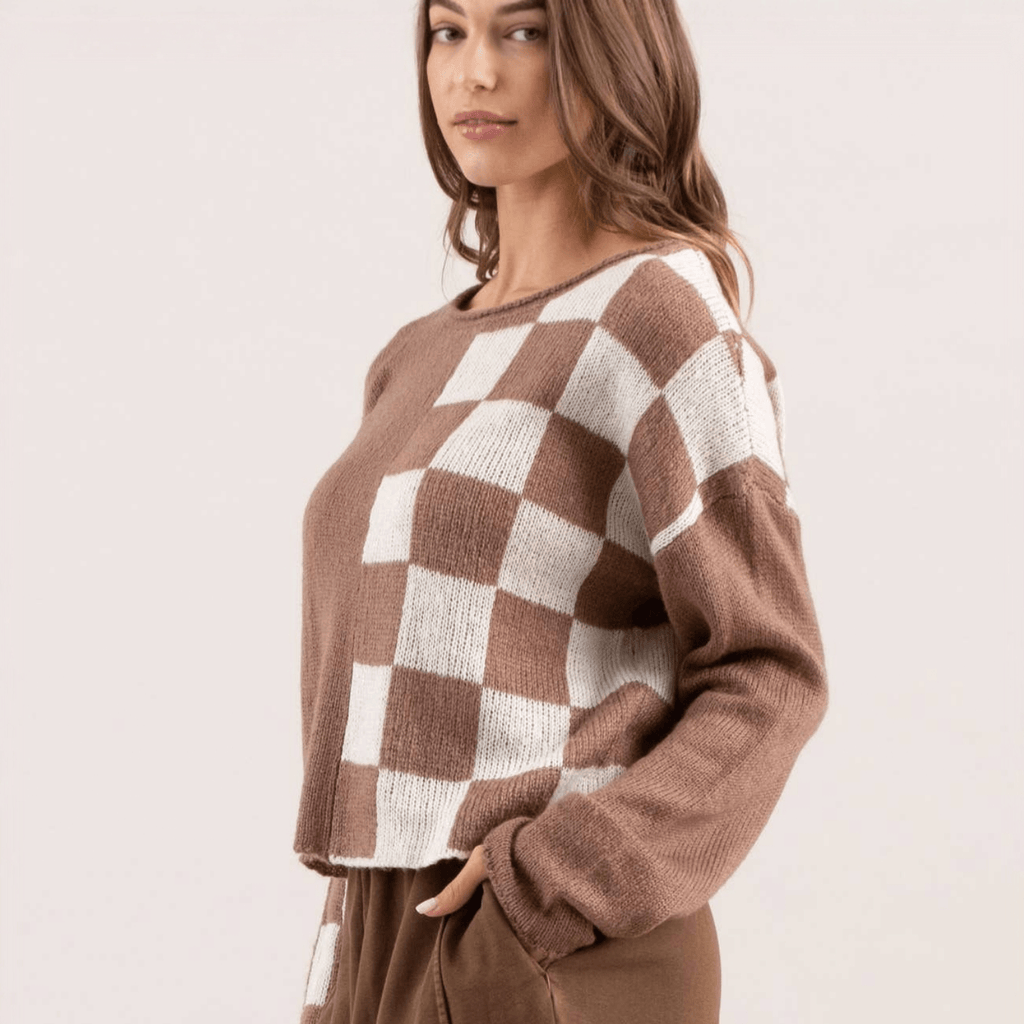 Checkered Side Slits Drop Shoulder Oversized Sweater - 260 Broadway Boutique