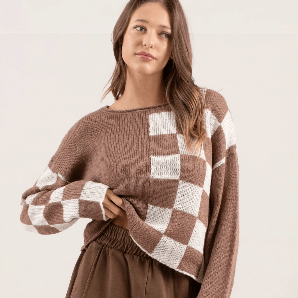 Checkered Side Slits Drop Shoulder Oversized Sweater - 260 Broadway Boutique