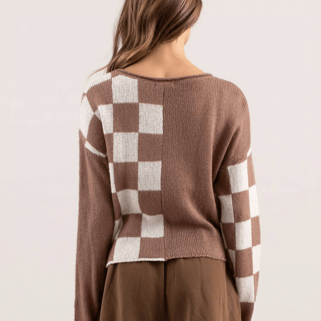 Checkered Side Slits Drop Shoulder Oversized Sweater - 260 Broadway Boutique