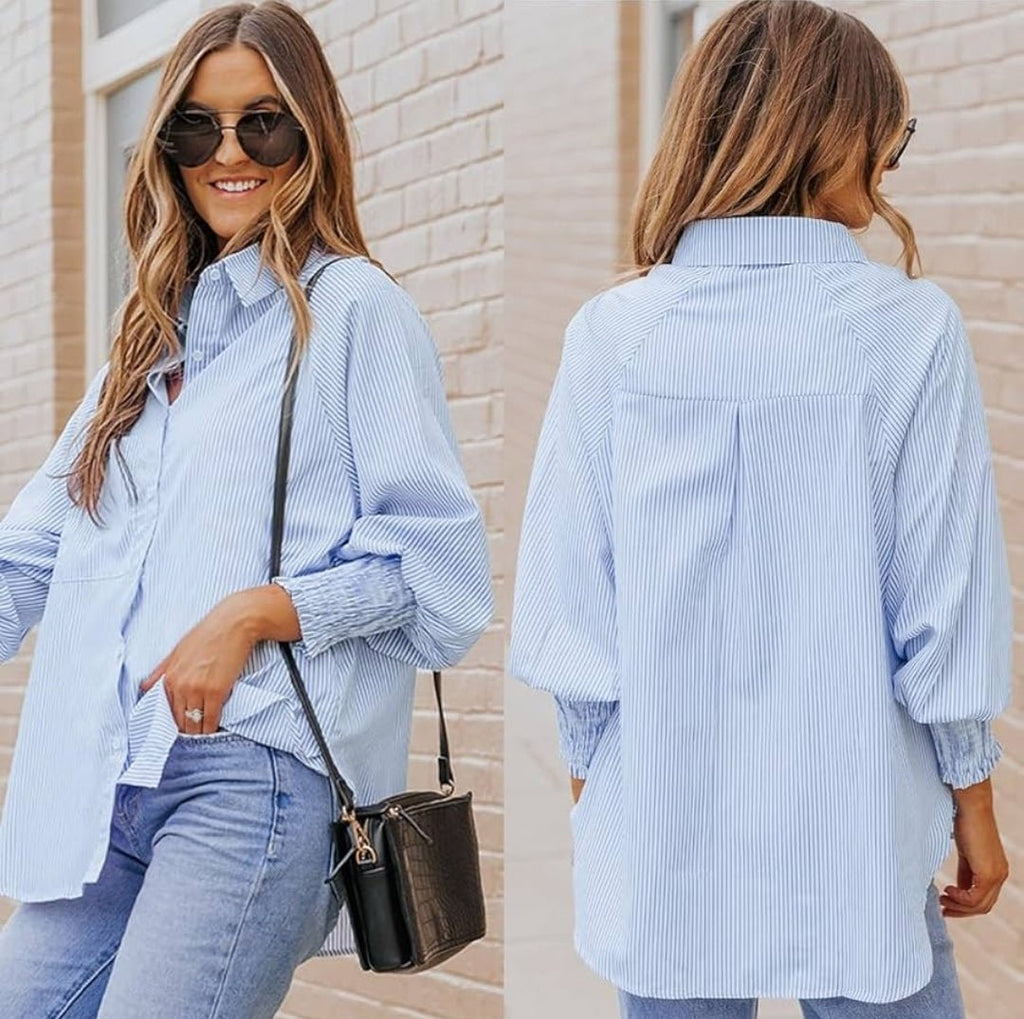 Chic Sky Blue Striped Boyfriend Shirt with Ruched Cuffs and Pocket Detail - 260 Broadway Boutique