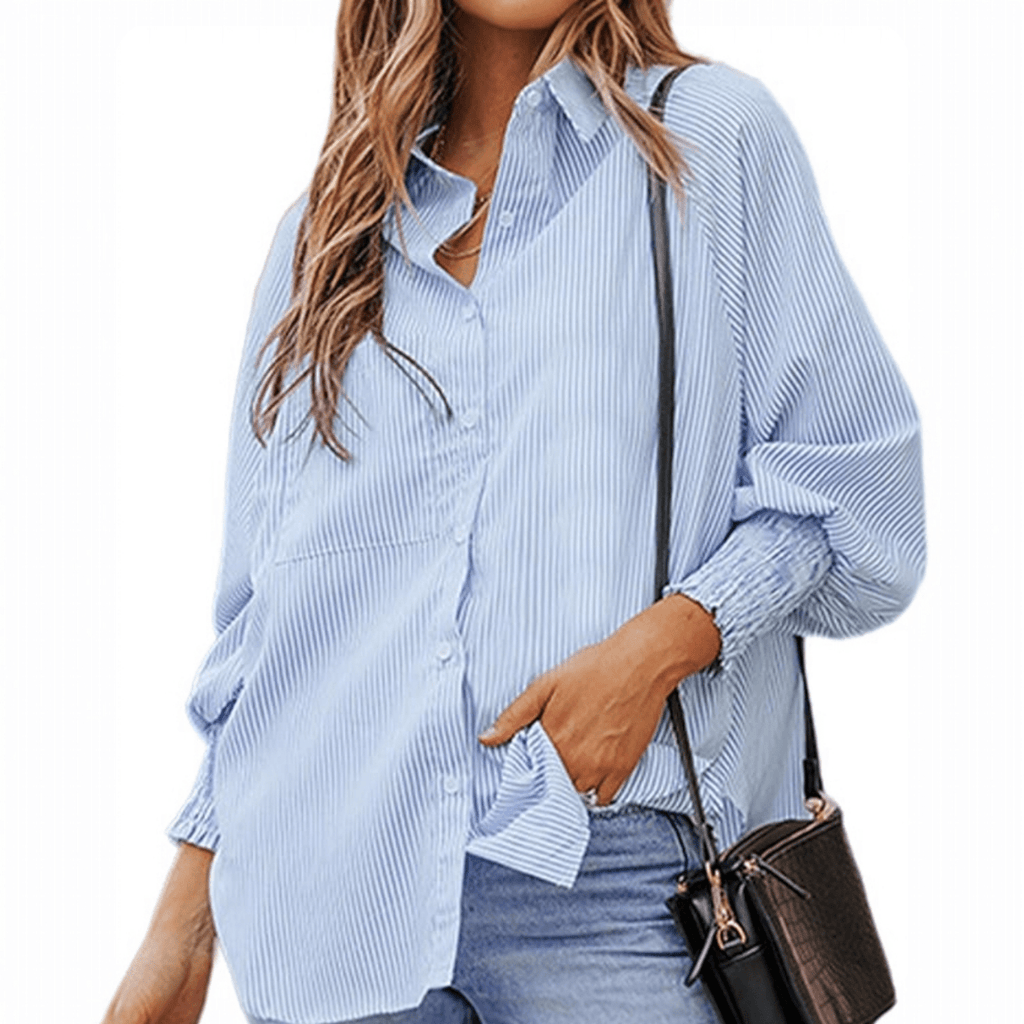 Chic Sky Blue Striped Boyfriend Shirt with Ruched Cuffs and Pocket Detail - 260 Broadway Boutique