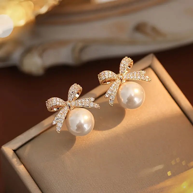 Chic Vintage Style Bow And Faux Pearl Stud Earrings - 260 Broadway Boutique