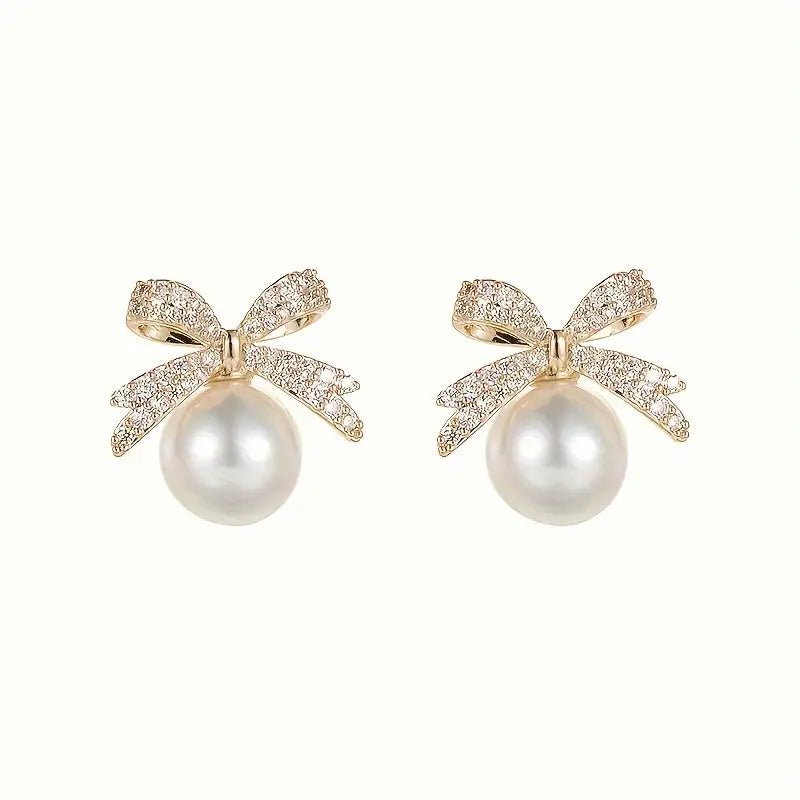 Chic Vintage Style Bow And Faux Pearl Stud Earrings - 260 Broadway Boutique