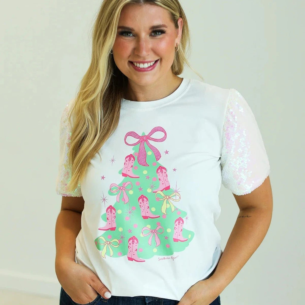 Christmas Tree on White T-Shirt with Velvet Sequin Sleeves - 260 Broadway Boutique