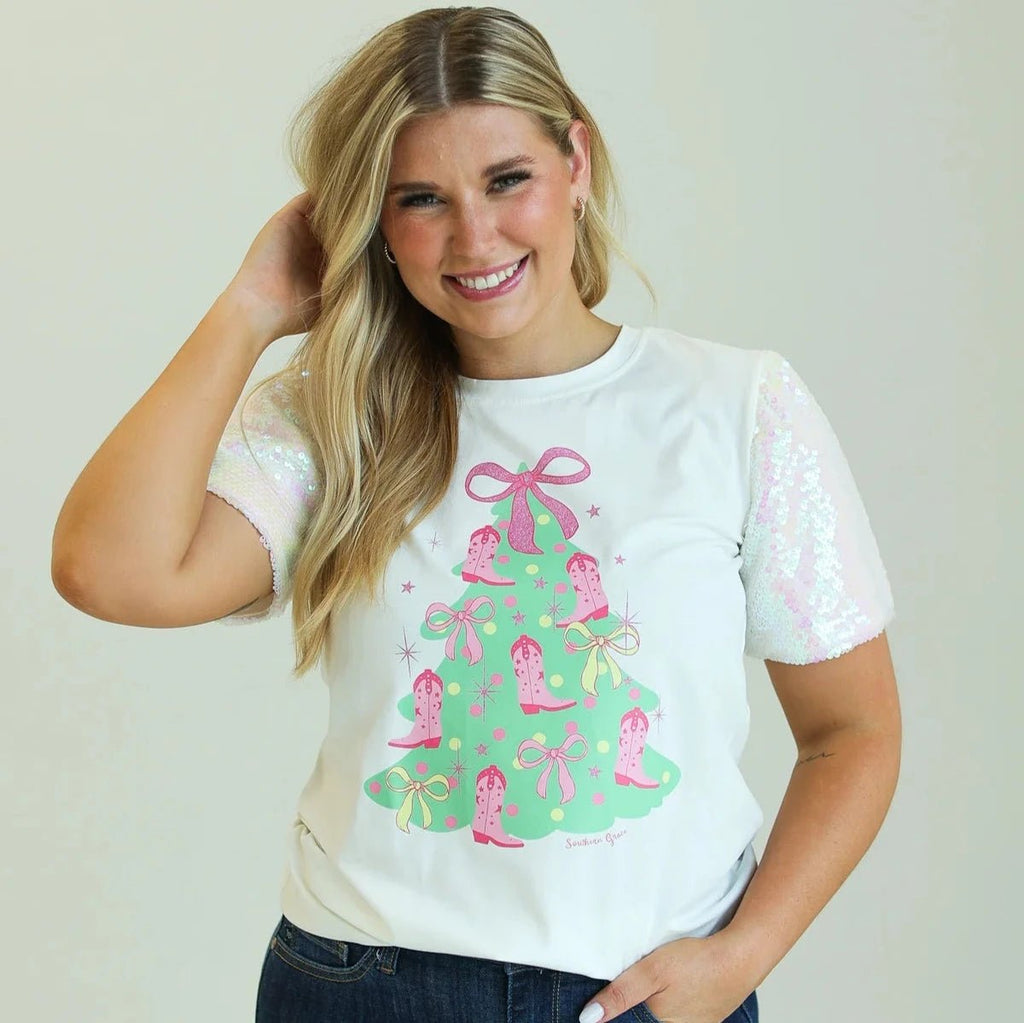 Christmas Tree on White T-Shirt with Velvet Sequin Sleeves - 260 Broadway Boutique