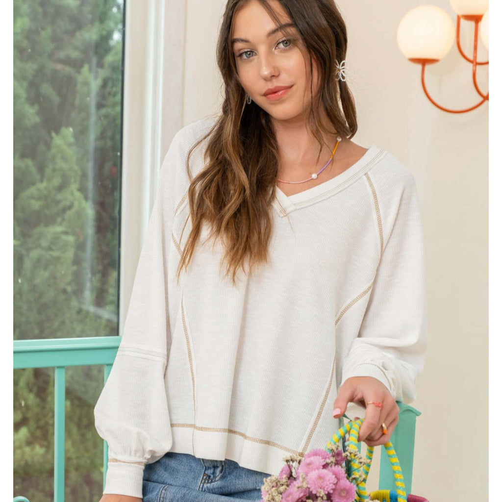 Contrast Exposed Stitch Rib Knit Top - 260 Broadway Boutique