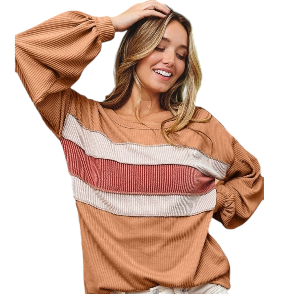 Cord Rib Color Block w/Contrast Stitching Top - 260 Broadway Boutique