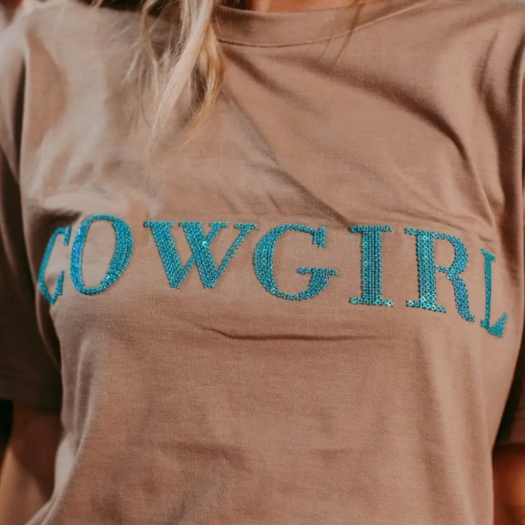 Cowgirl 3D Sequin Embroidered Tee - Tan - 260 Broadway Boutique