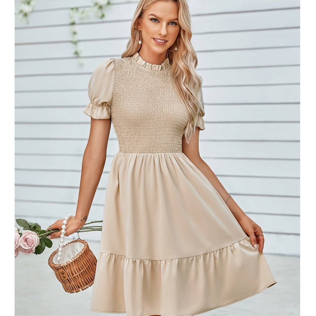 Cowl Neck Solid Ruffle Puff Sleeve Dress - 260 Broadway Boutique