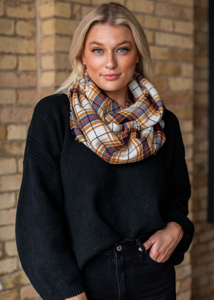 Cream & Mustard Plaid Infinity Scarf - 260 Broadway Boutique