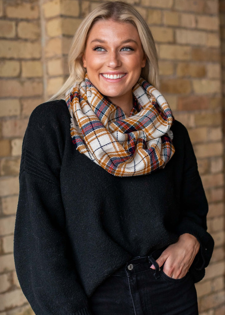 Cream & Mustard Plaid Infinity Scarf - 260 Broadway Boutique