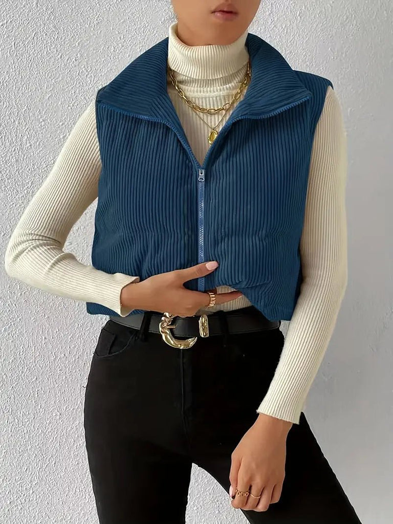 Cropped Corduroy Puffer Vest (Navy) - 260 Broadway Boutique