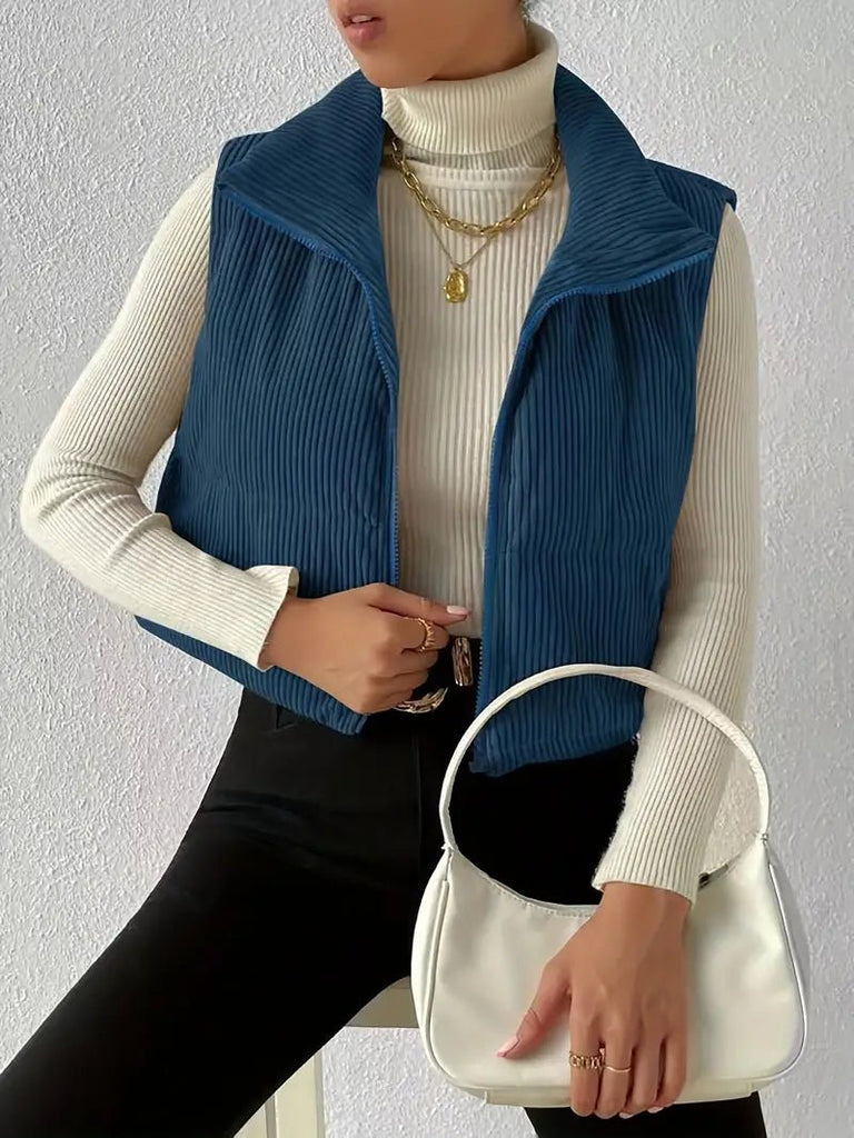 Cropped Corduroy Puffer Vest (Navy) - 260 Broadway Boutique