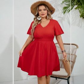 Curvy Girl V Neck Midi Red Dress - 260 Broadway Boutique