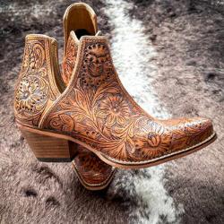 Dakota Charm Hand - tooled Booties in Caramel - 260 Broadway Boutique