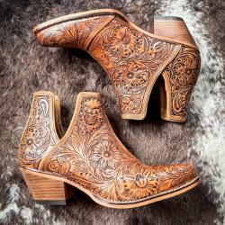 Dakota Charm Hand - tooled Booties in Caramel - 260 Broadway Boutique