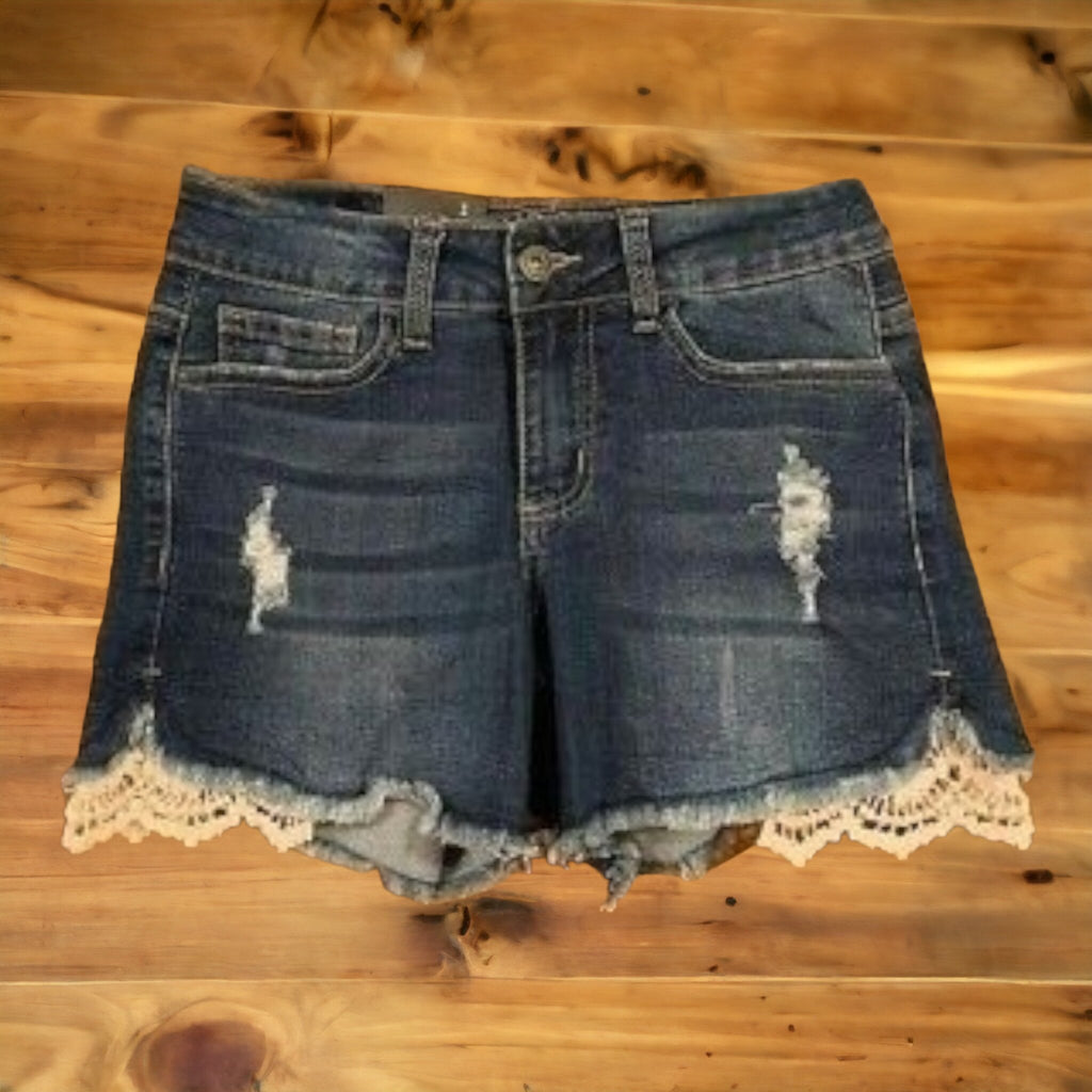 Dark & Light Frayed Denim Crochet Shorts - 260 Broadway Boutique