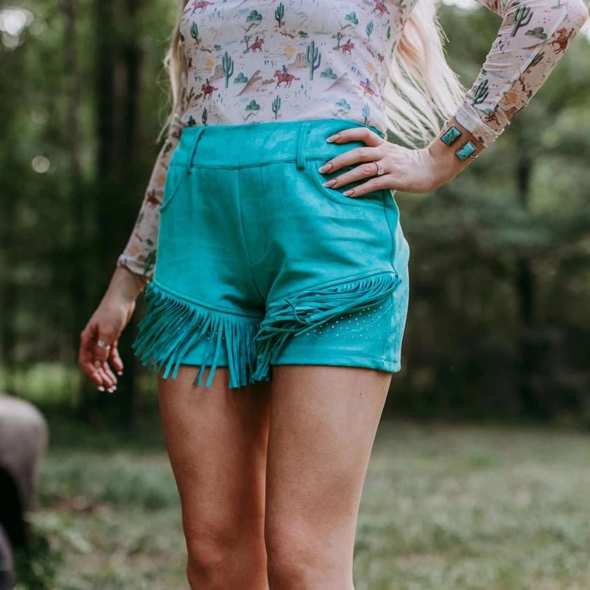 Dixie Rhinestone Embellished Fringe Shorts - Turquoise - 260 Broadway Boutique