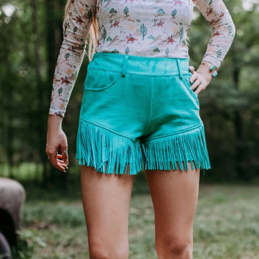 Dixie Rhinestone Embellished Fringe Shorts - Turquoise - 260 Broadway Boutique