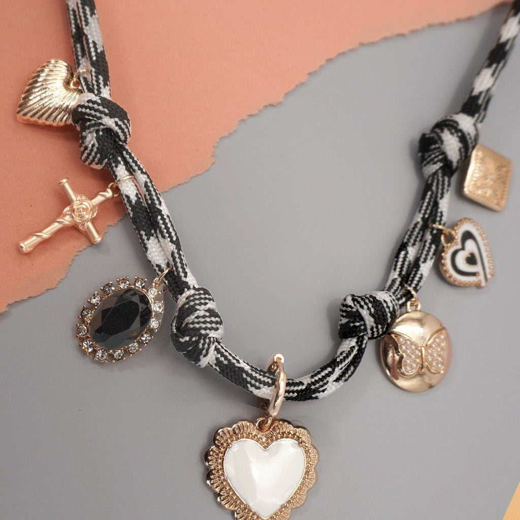 Double Cord Charm Necklace - Heart Cross Stone - 260 Broadway Boutique