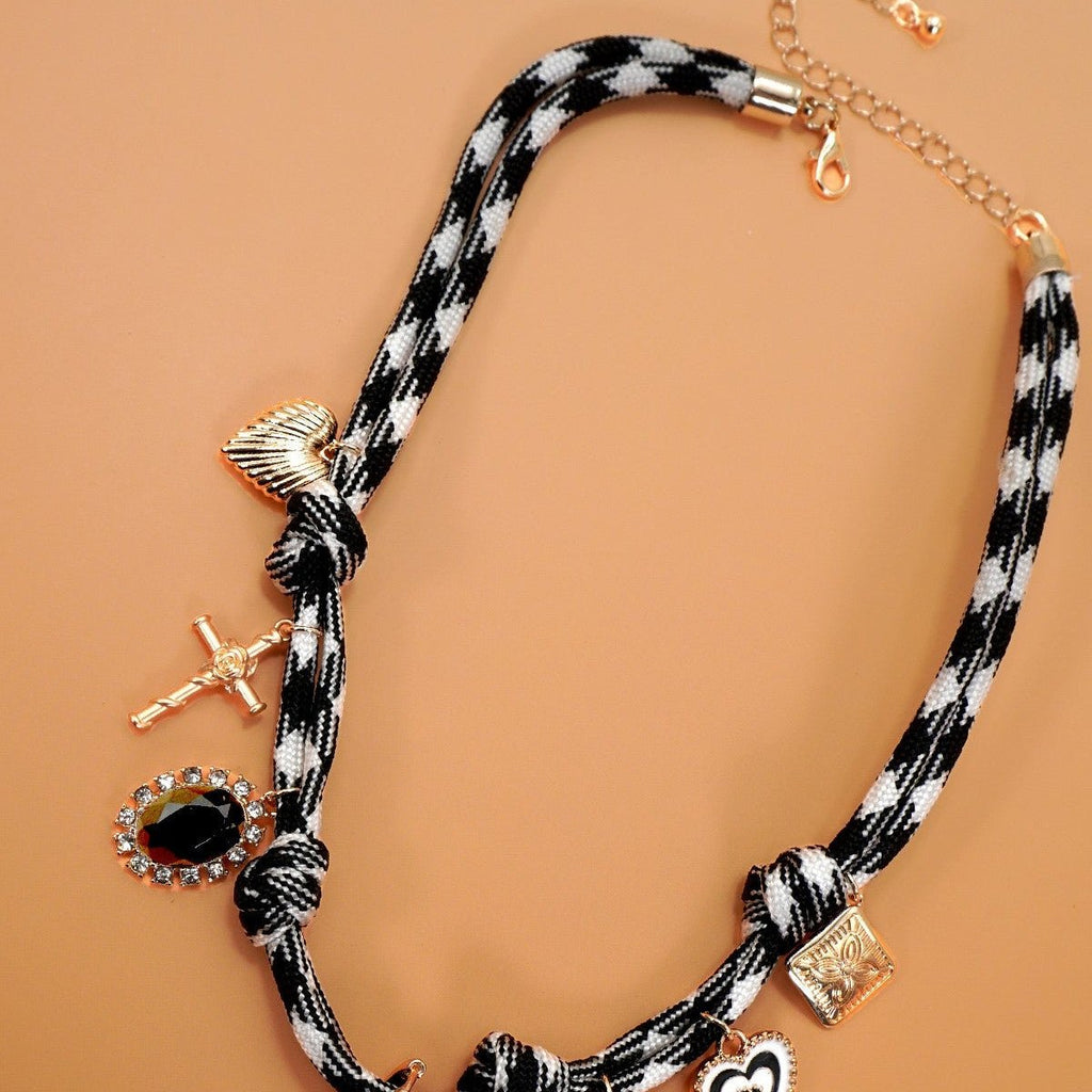 Double Cord Charm Necklace - Heart Cross Stone - 260 Broadway Boutique
