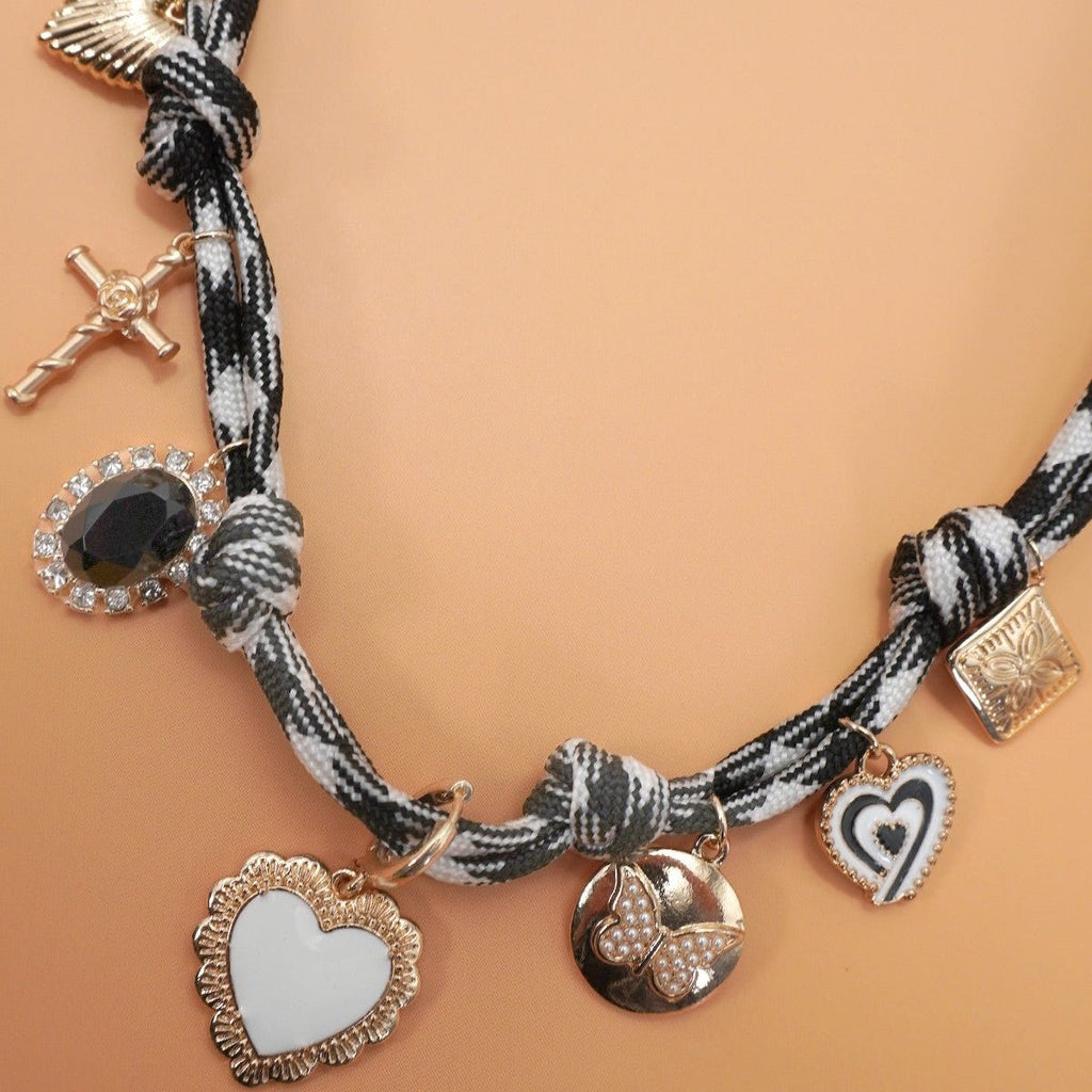 Double Cord Charm Necklace - Heart Cross Stone - 260 Broadway Boutique