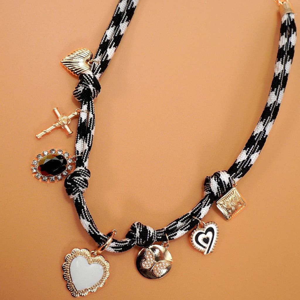 Double Cord Charm Necklace - Heart Cross Stone - 260 Broadway Boutique