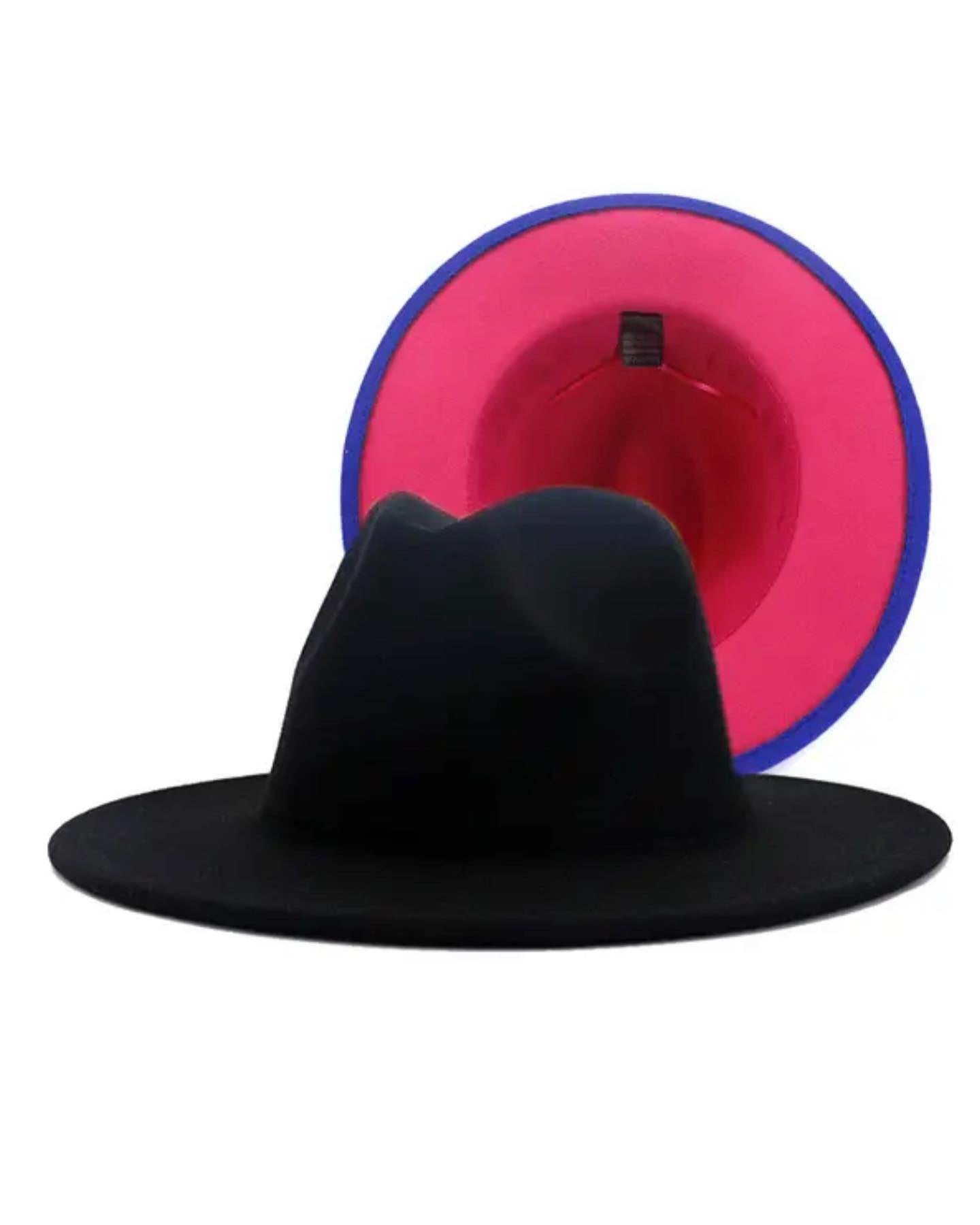 Two Color Black + Pink Felt Flat Brim Fashion Fedora Hat Colored Rancher Flat Brim Fedora – Planet Cowboy main image 2
