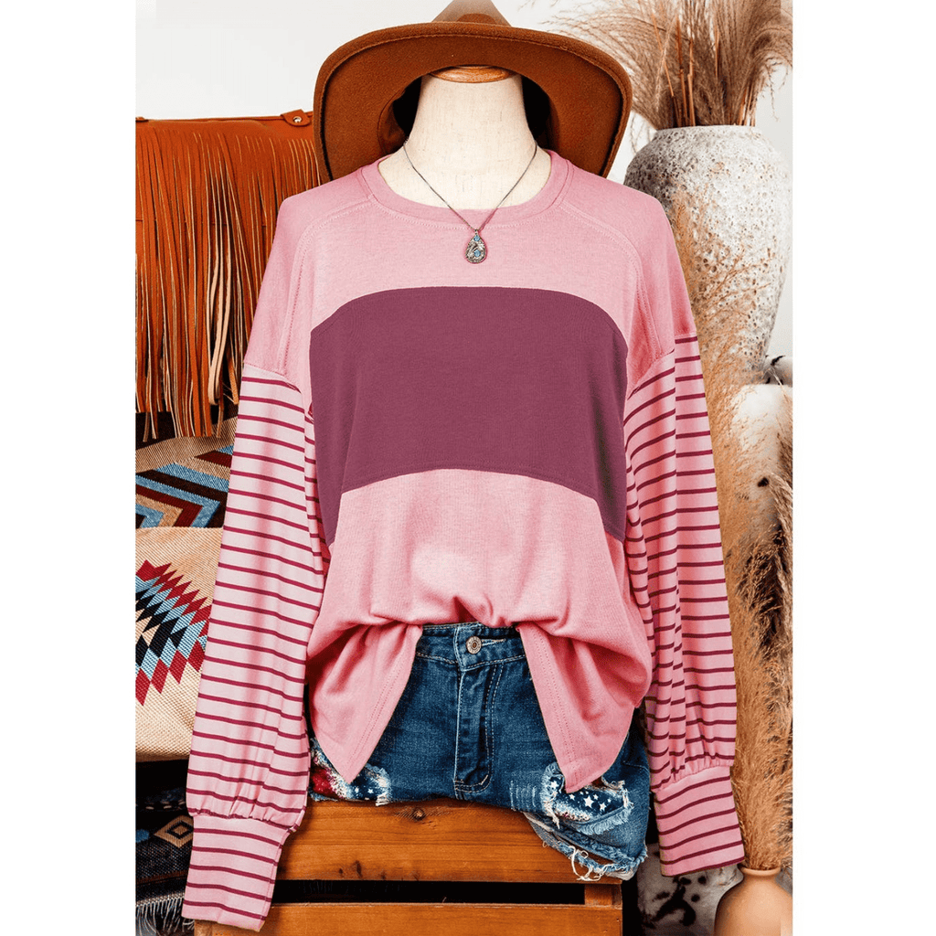 Fashion Fall Colorblock Striped Bishop Sleeve Top - 260 Broadway Boutique