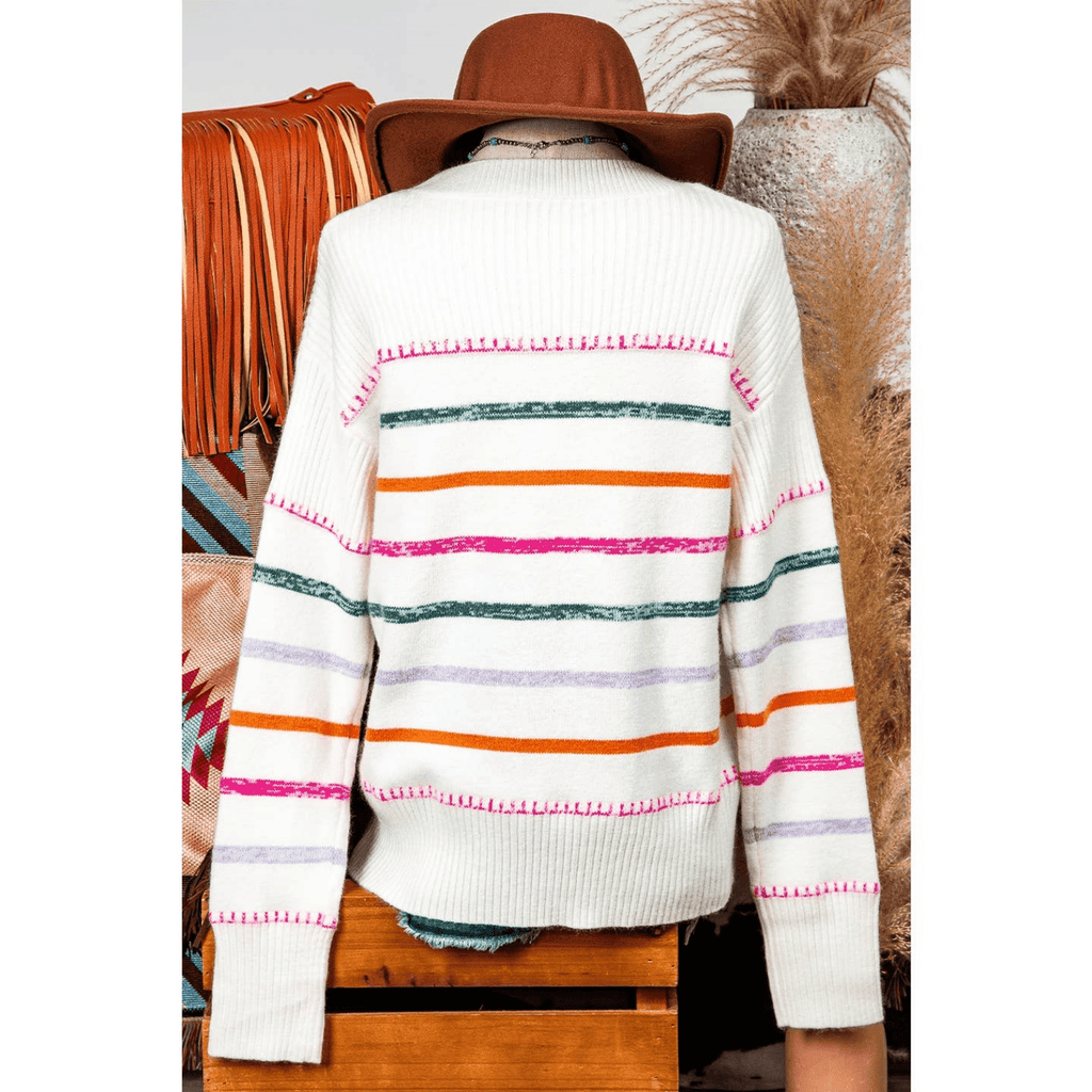 Fashion - W Colorful Striped Ribbed Trim Sweater - 260 Broadway Boutique