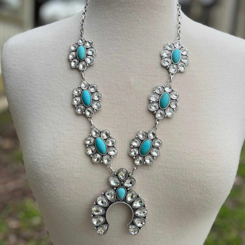 Faux Squash Blossom with Clear Rhinestones and Faux Turquoise - 260 Broadway Boutique