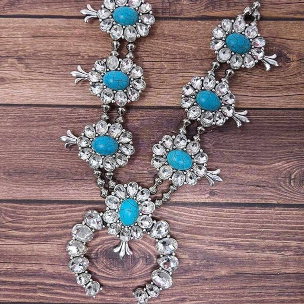 Faux Squash Blossom with Clear Rhinestones and Faux Turquoise - 260 Broadway Boutique