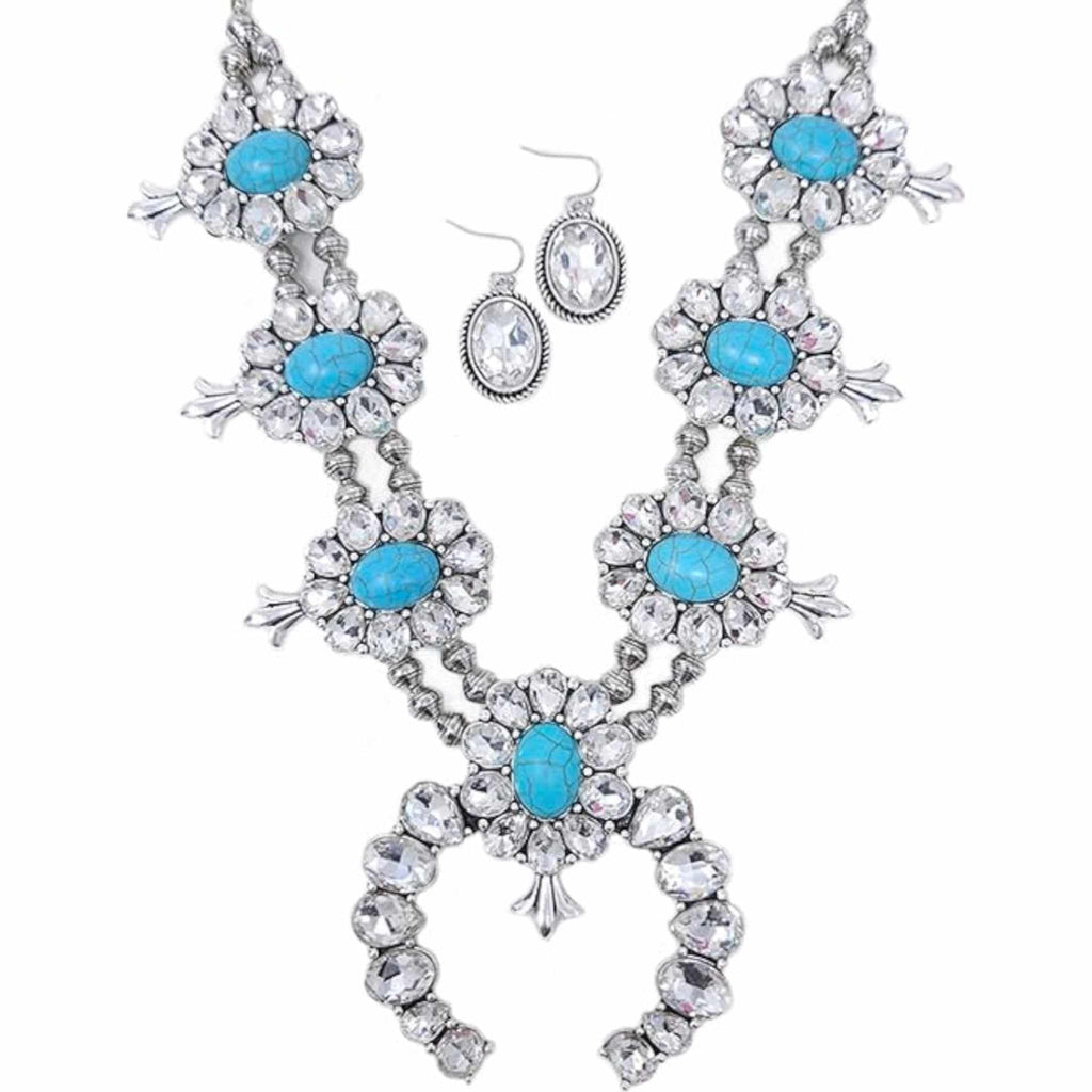 Faux Squash Blossom with Clear Rhinestones and Faux Turquoise - 260 Broadway Boutique