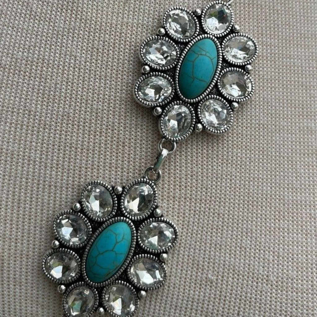 Faux Squash Blossom with Clear Rhinestones and Faux Turquoise - 260 Broadway Boutique