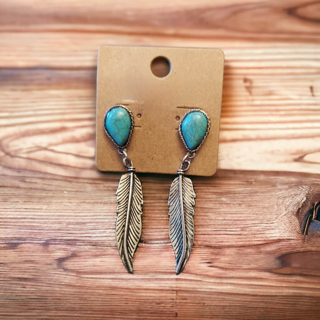 Feather Earrings with Turquoise Colored Stones - 260 Broadway Boutique