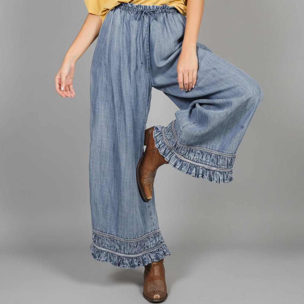 Flared Ruffle Hem Washed Chambray Crop Denim Pants – 260 Broadway Boutique