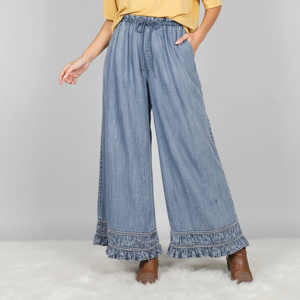 Flared Ruffle Hem Washed Chambray Crop Denim Pants – 260 Broadway Boutique