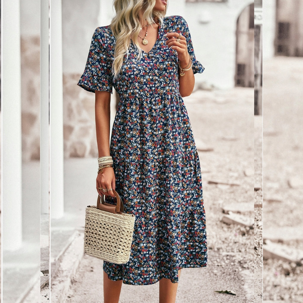 Floral Print Fit Ruffle Sleeve Midi Dress - 260 Broadway Boutique