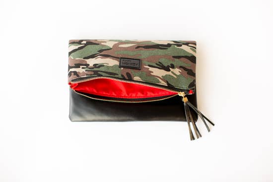 Fold Over Clutch - Camo & Black with Red Lining - 260 Broadway Boutique