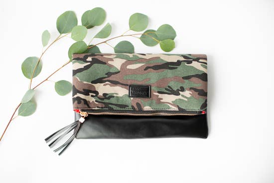 Fold Over Clutch - Camo & Black with Red Lining - 260 Broadway Boutique