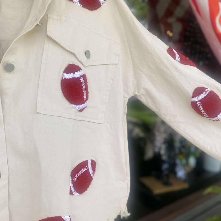 Football Frayed Denim Jacket - 260 Broadway Boutique