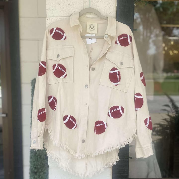 Football Frayed Denim Jacket - 260 Broadway Boutique