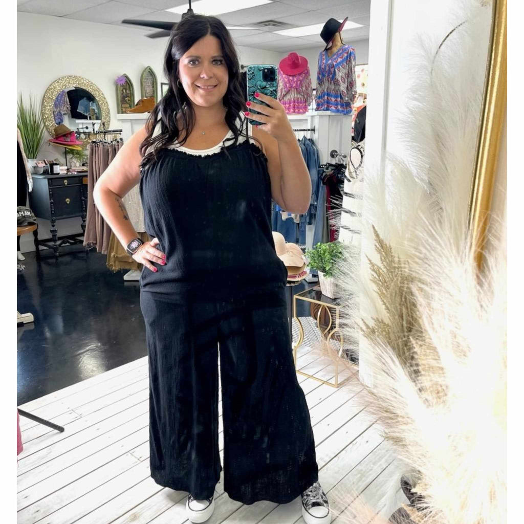 Frayed Hem Detail Solid Gauze Wide Leg Jumpsuit (2 Colors) - 260 Broadway Boutique