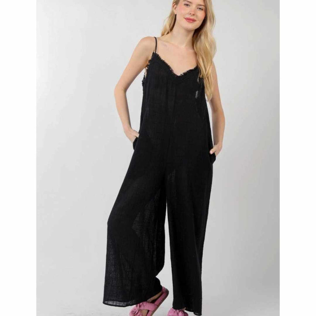 Frayed Hem Detail Solid Gauze Wide Leg Jumpsuit (2 Colors) - 260 Broadway Boutique