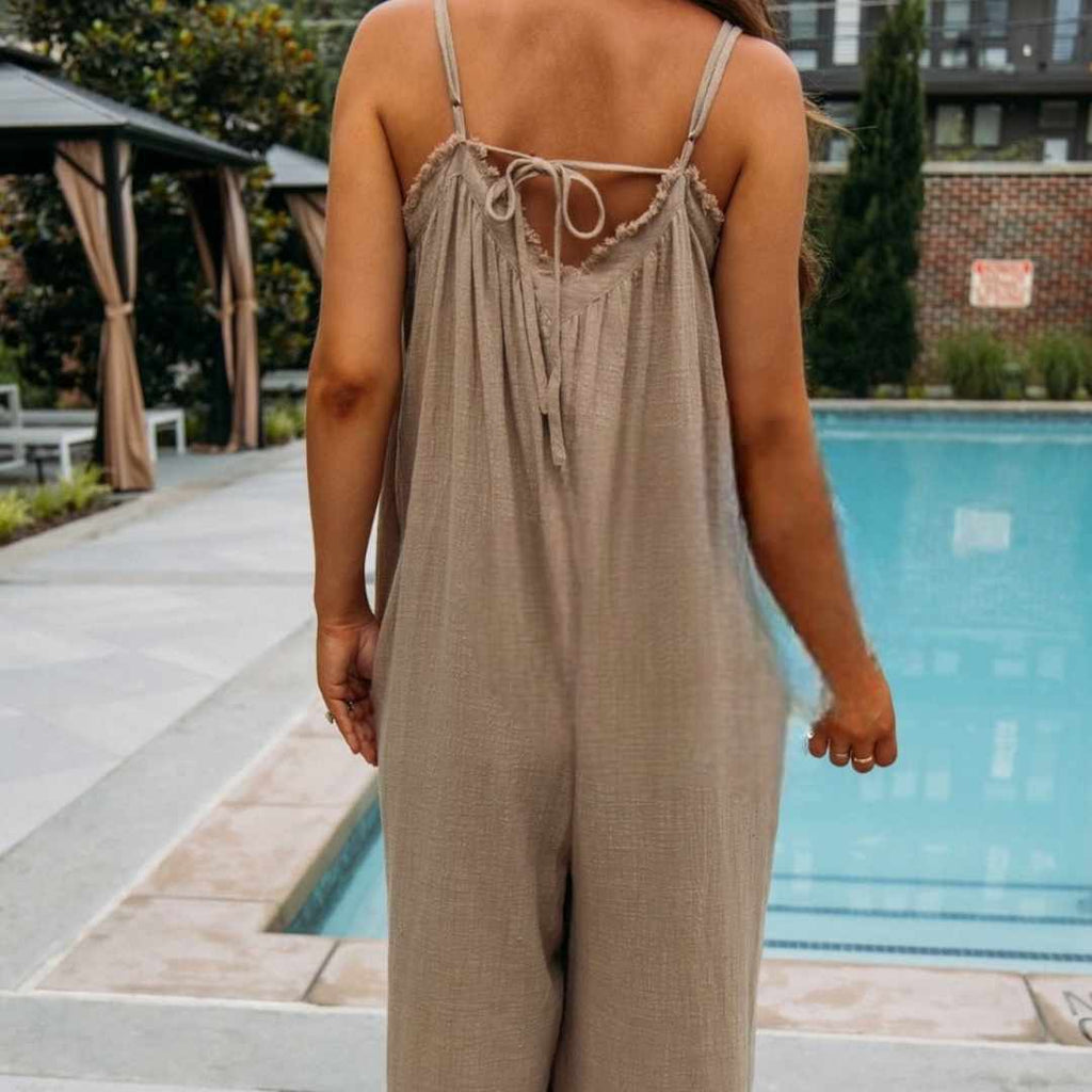 Frayed Hem Detail Solid Gauze Wide Leg Jumpsuit (2 Colors) - 260 Broadway Boutique