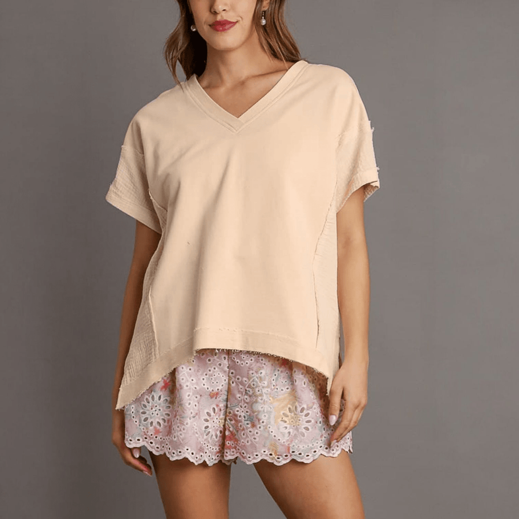 French Terry Boxy Cut V - Neck Top with Side Slits (2 colors) - 260 Broadway Boutique