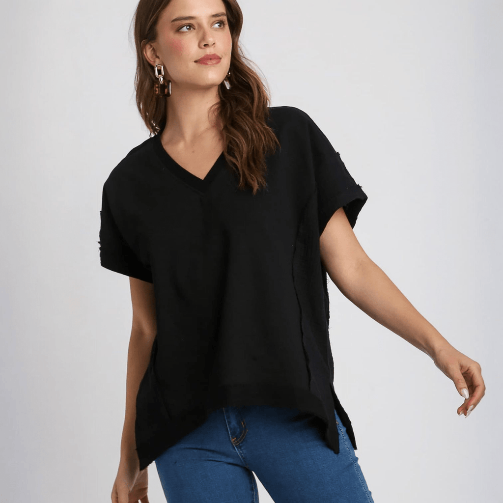 French Terry Boxy Cut V - Neck Top with Side Slits (2 colors) - 260 Broadway Boutique